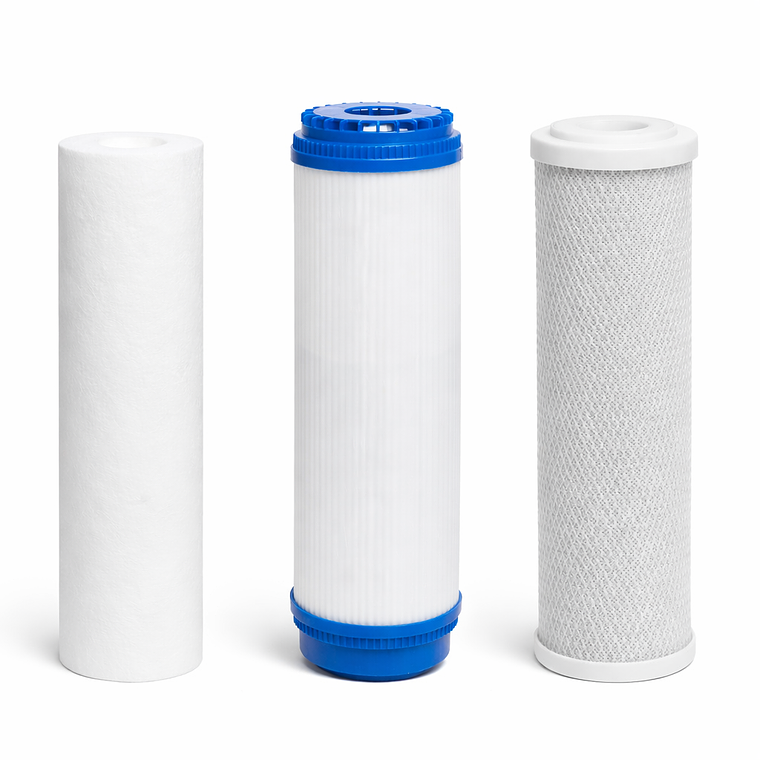 Pack 3 Filtros 10″ x 2.5″ Polipropileno, carbón granular y carbón block 1