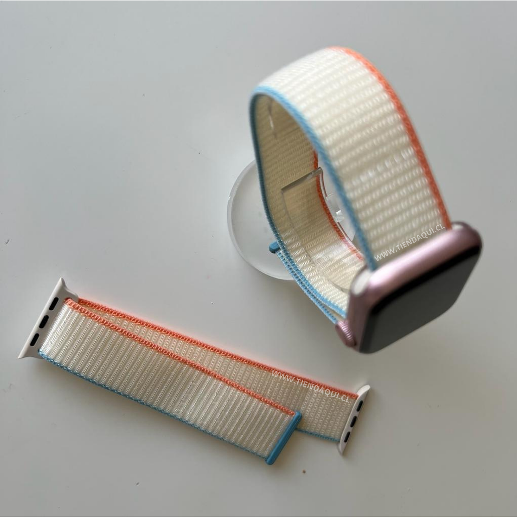 Correa velcro nailon color: blanca con bordes naranjos y celestes (38/40/41mm)