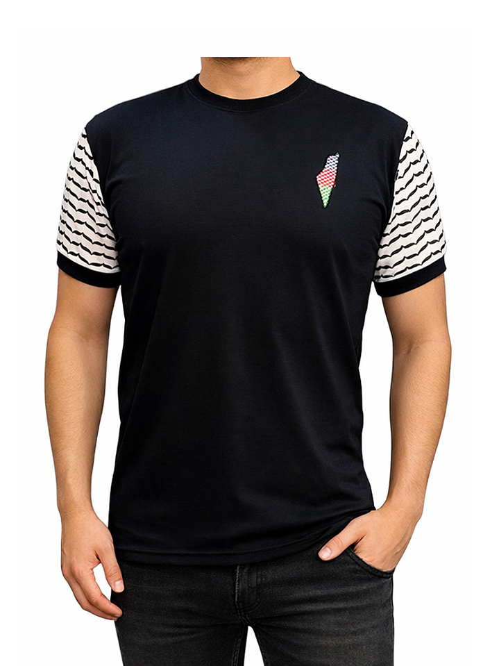 Polera Palestina Bordada – Diseño Kuffiyeh con Mapa y Bordado en Árabe 1