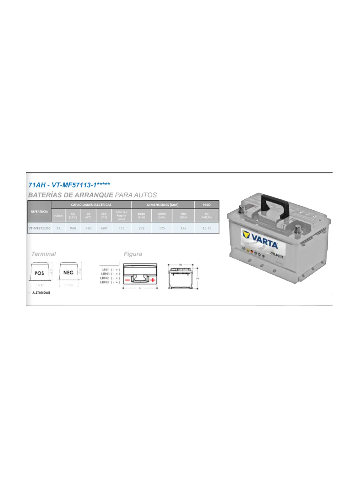 Batería Varta Silver 71Ah 600 CCA MF57113-1 Libre de Mantenimiento 2