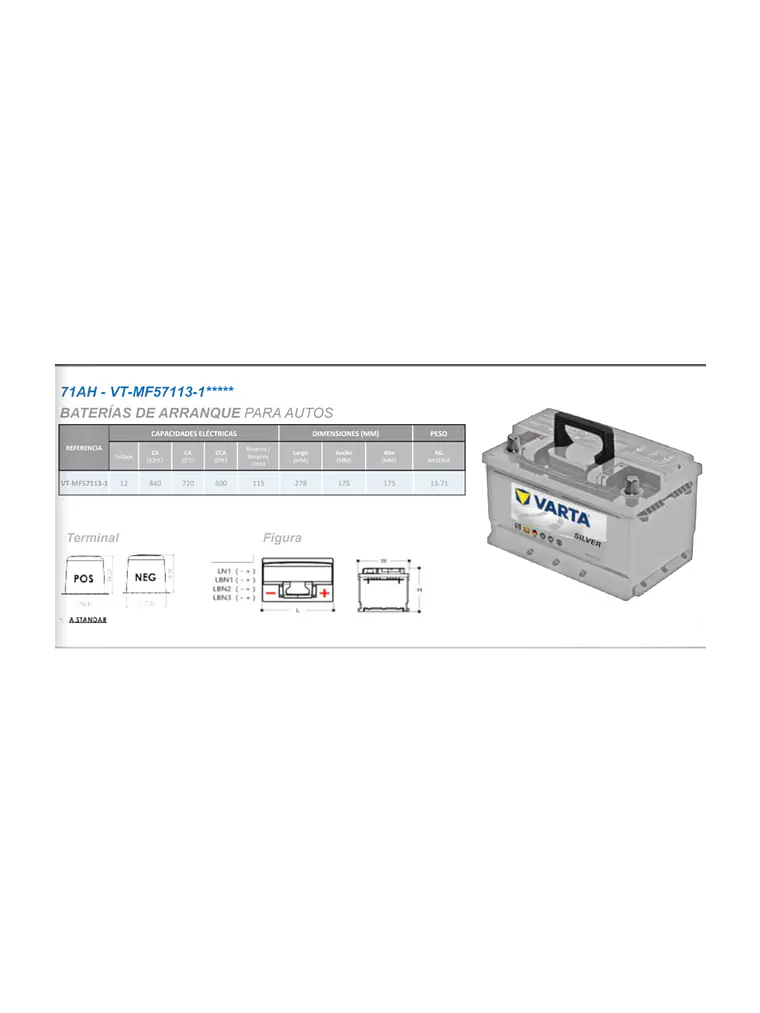 Batería Varta Silver 71Ah 600 CCA MF57113-1 Libre de Mantenimiento 2