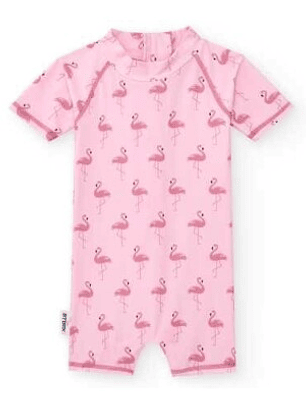 🦩 Macacão de Praia Bebé UV 50+ Manga Curta – Flamingos