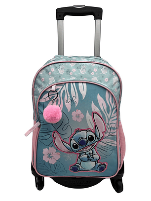 Mochila Escolar Stitch Pink 💖✨ – Duplo Compartimento + Carro 4 Rodas