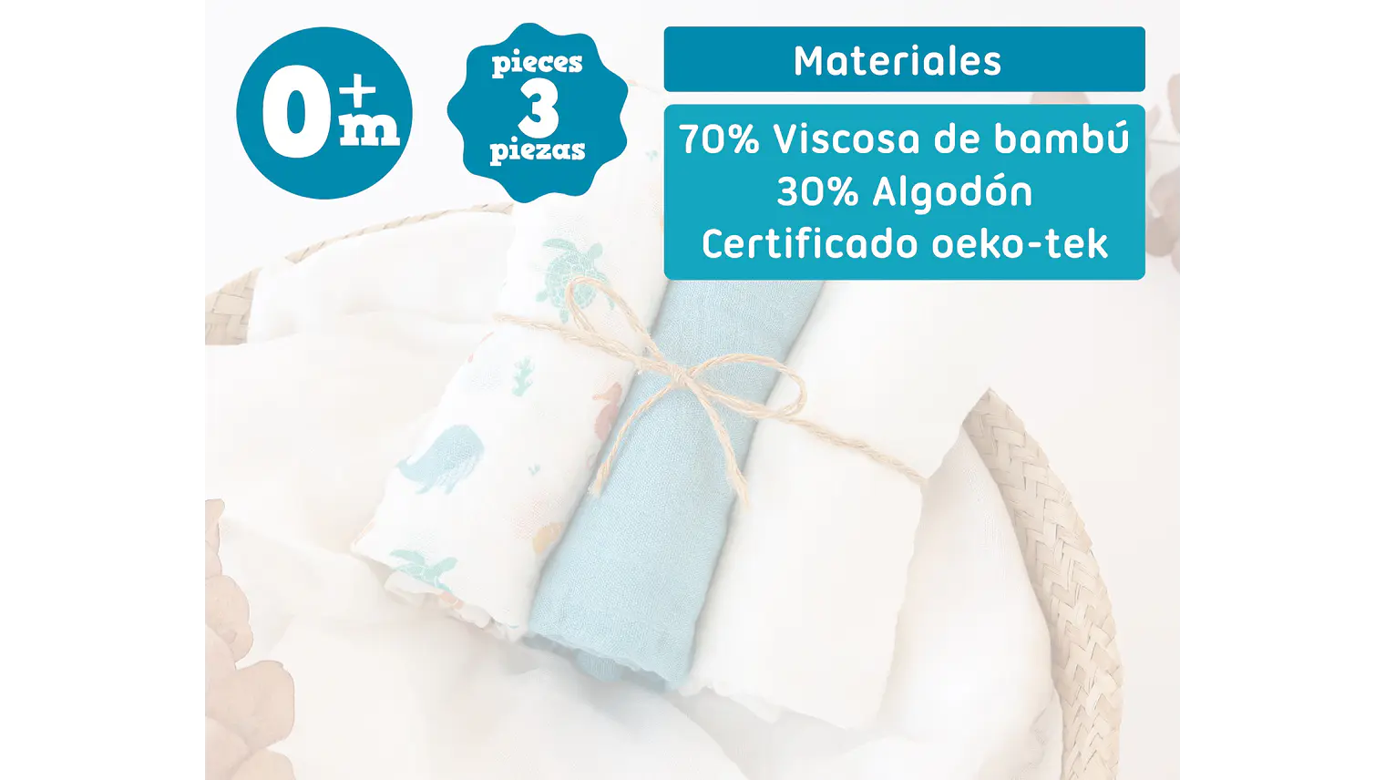 MUSSELINA 70X70CMS BAMBU AZUL 3U 2