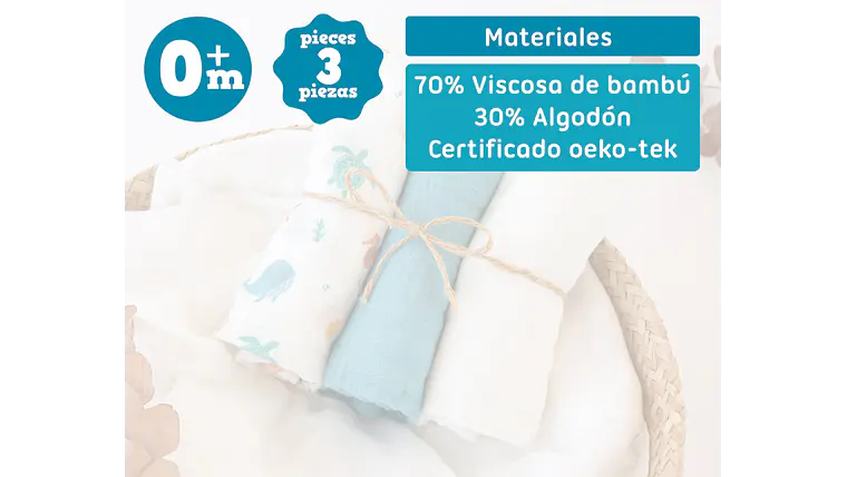 MUSSELINA 70X70CMS BAMBU AZUL 3U 2