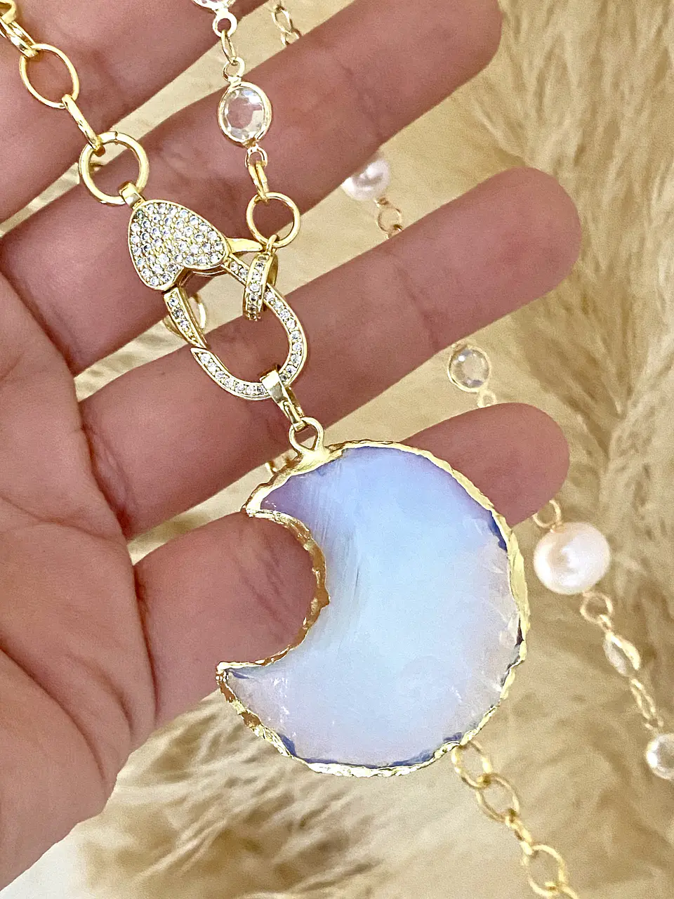 Colla Maxi Luna Cadena Cristal y Perlas  2