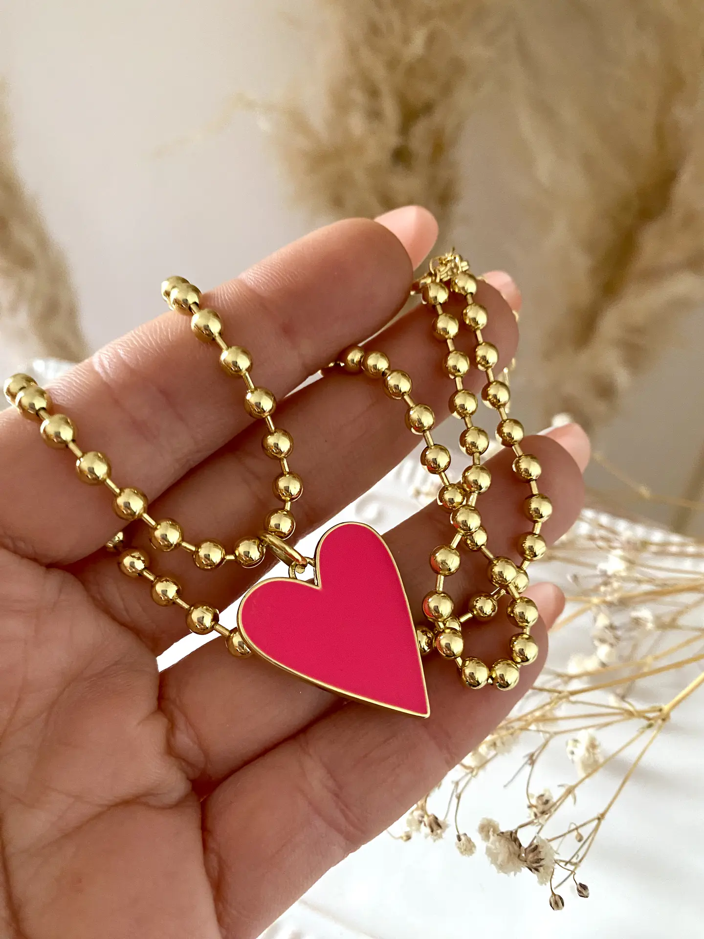 Collar balines Corazón fucsia esmaltado  3