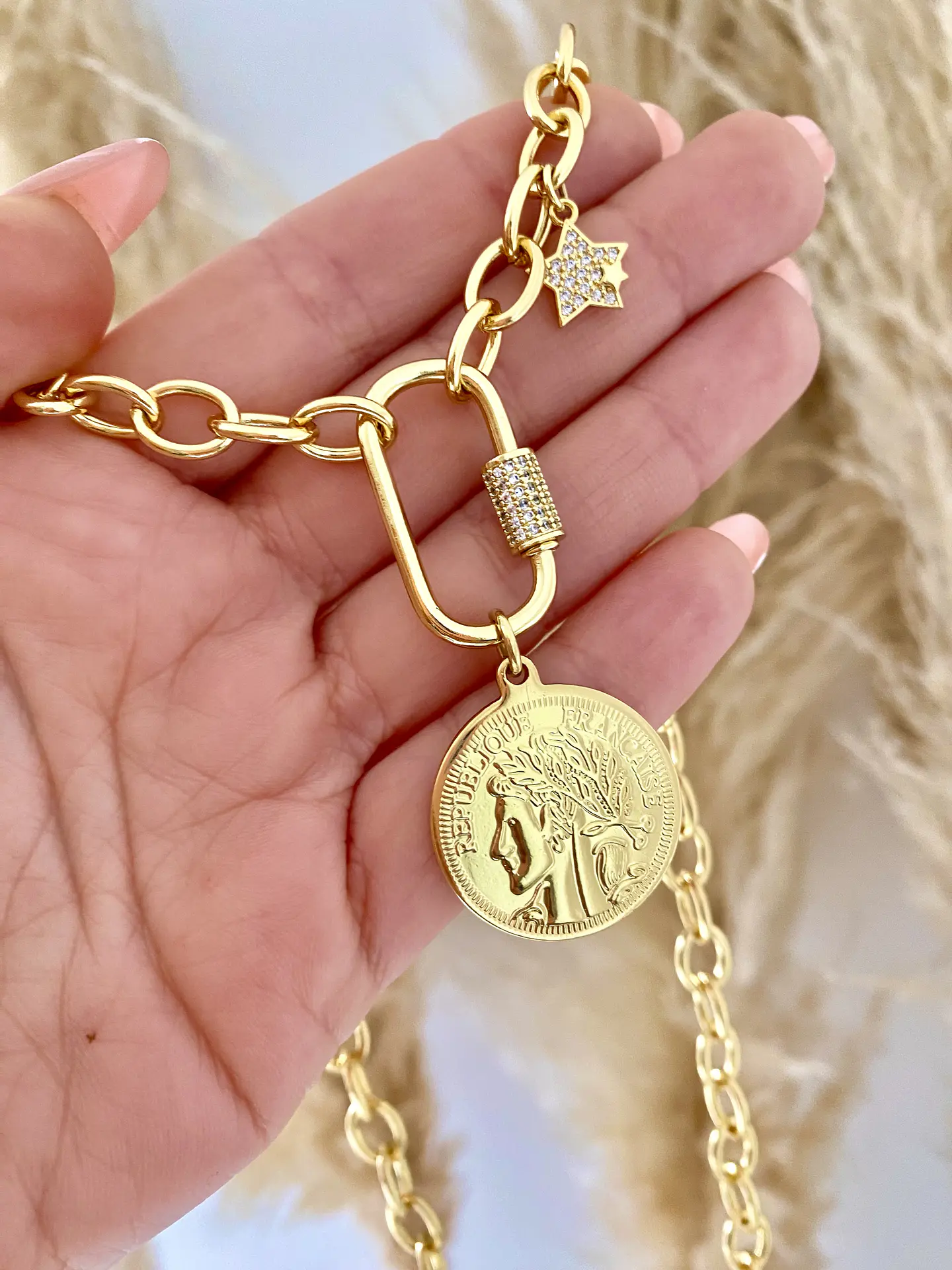 Collar Moneda Francesa conector ovalado punto luz 1