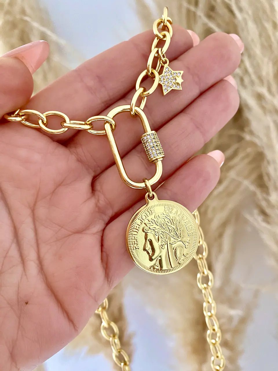 Collar Moneda Francesa conector ovalado punto luz 1