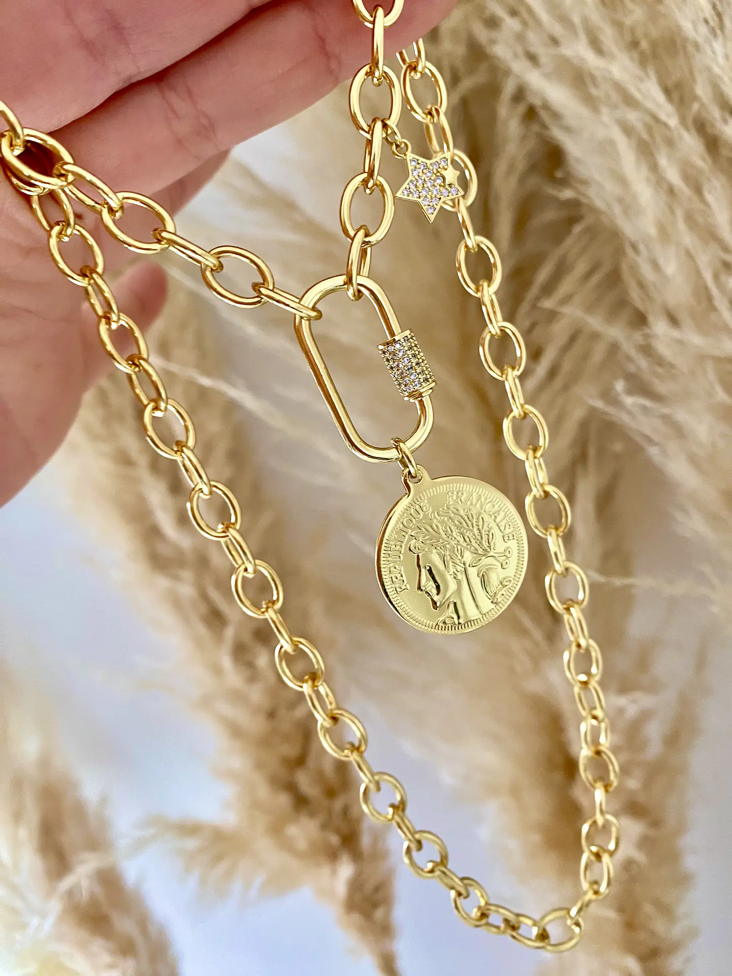 Collar Moneda Francesa conector ovalado punto luz 2