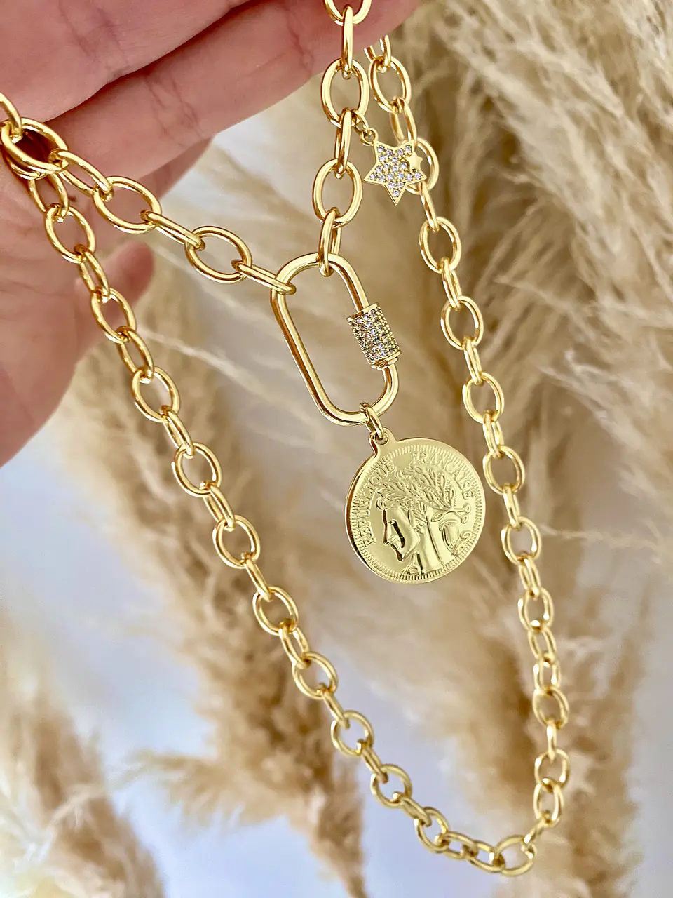 Collar Moneda Francesa conector ovalado punto luz 2