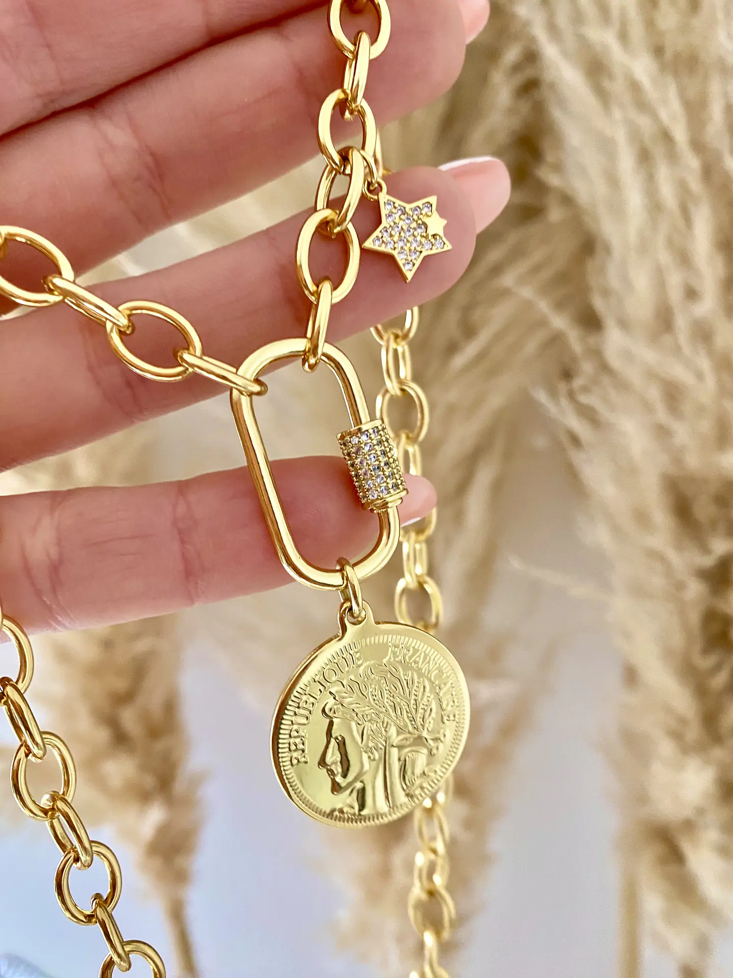 Collar Moneda Francesa conector ovalado punto luz 3