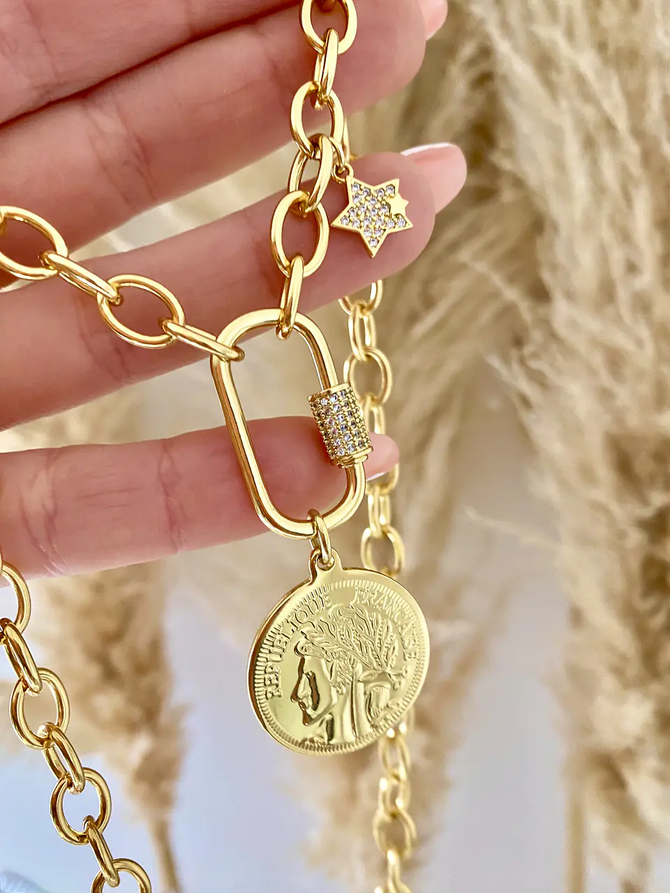 Collar Moneda Francesa conector ovalado punto luz 3