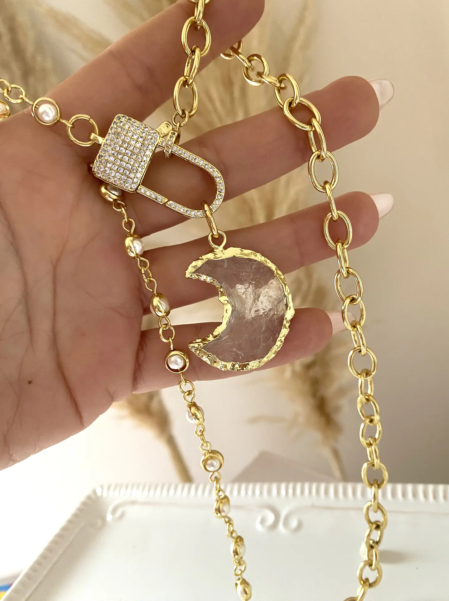 Collar Luna Cuarzo Perlas Circones  2