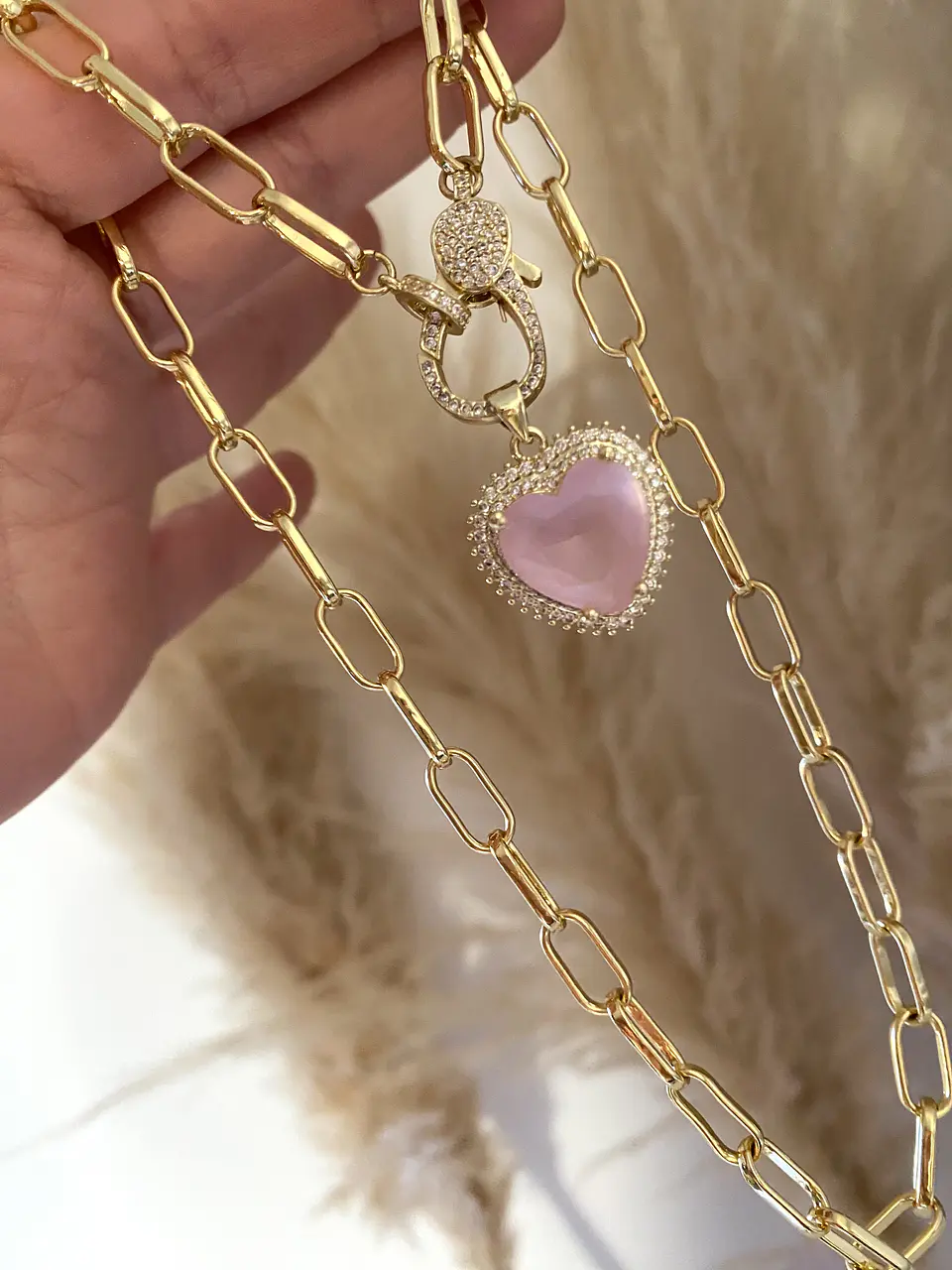 Collar Corazón Cristal Rosa broche luxury gold 3