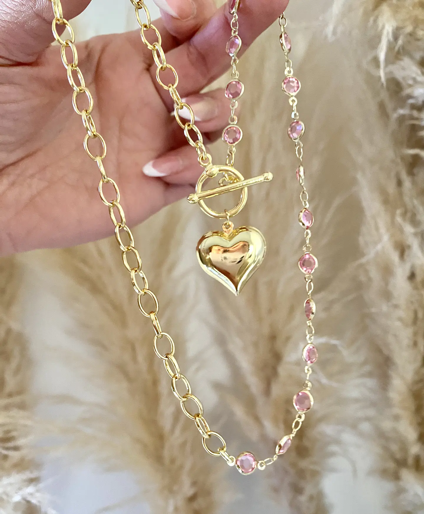 Collar Corazon Cadena mixta rosa cristales gold  1