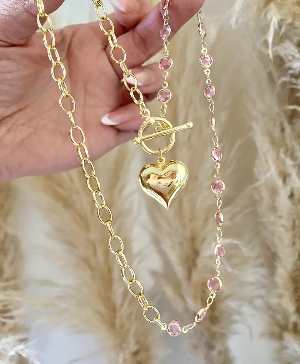 Collar Corazon Cadena mixta rosa cristales gold  1
