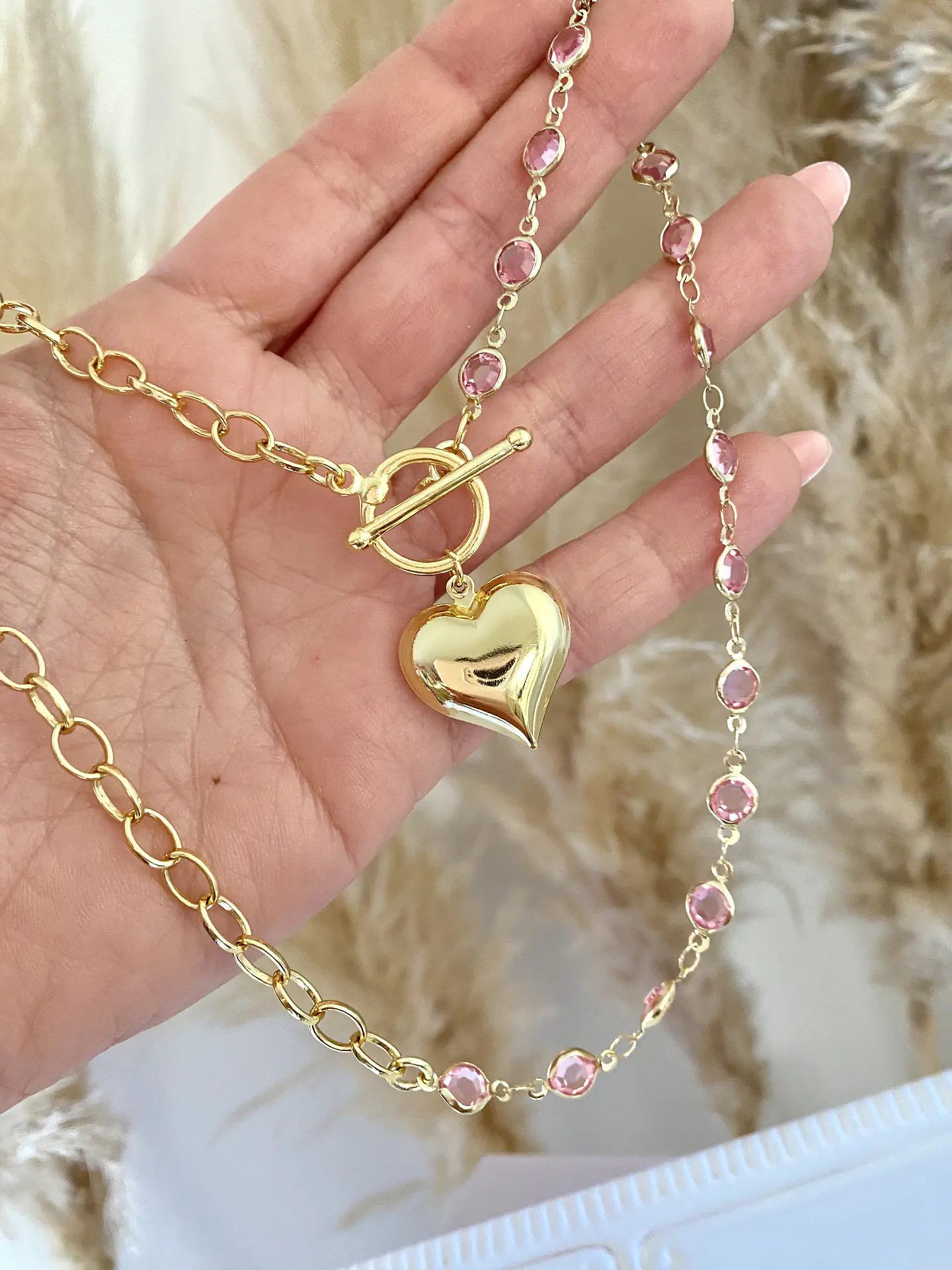 Collar Corazon Cadena mixta rosa cristales gold  2