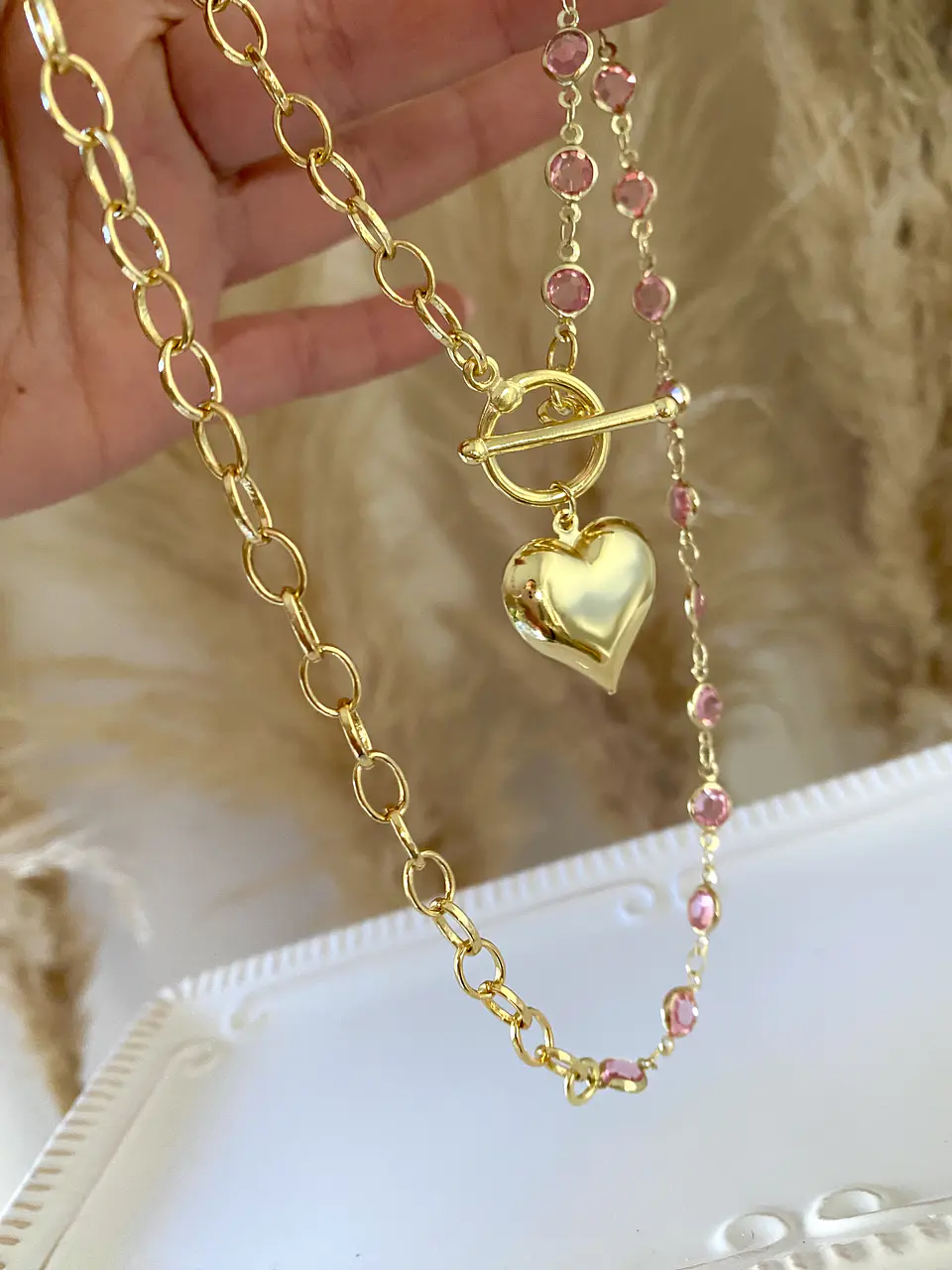 Collar Corazon Cadena mixta rosa cristales gold  3