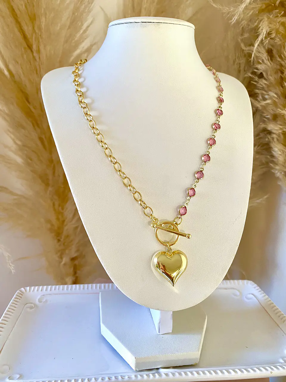 Collar Corazon Cadena mixta rosa cristales gold  4