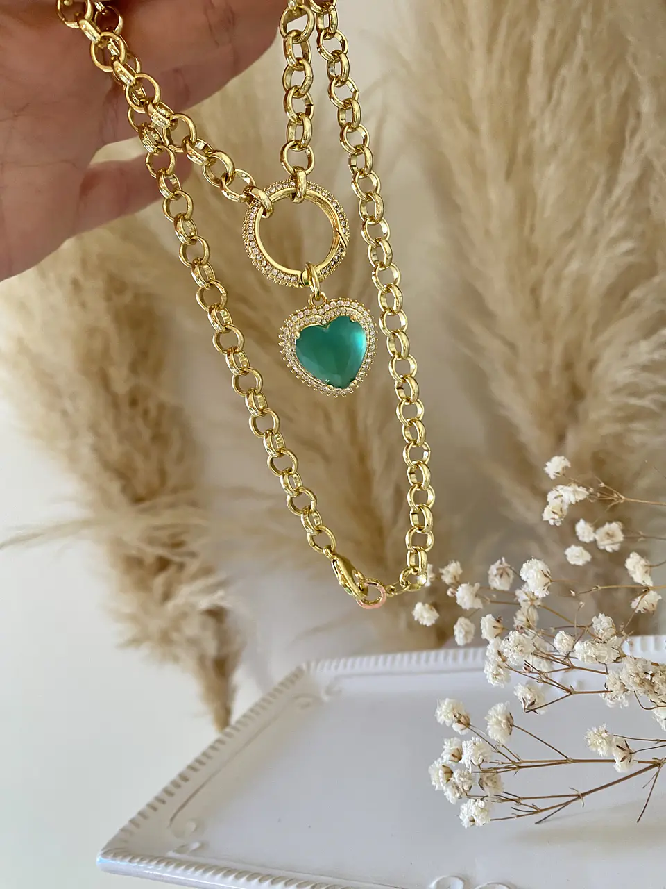  Collar Corazón color Esmeralda  eslabones redondos gold 6