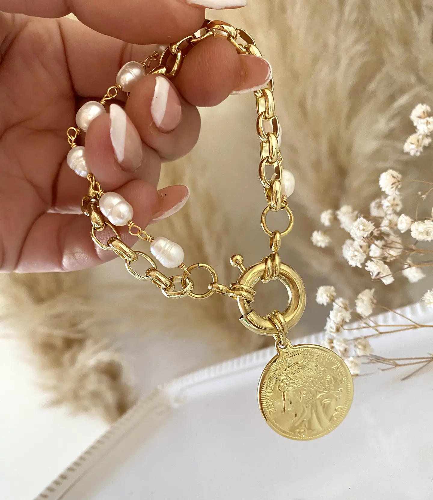 Brazalete Perlas y eslabones Moneda Francesa gold 1