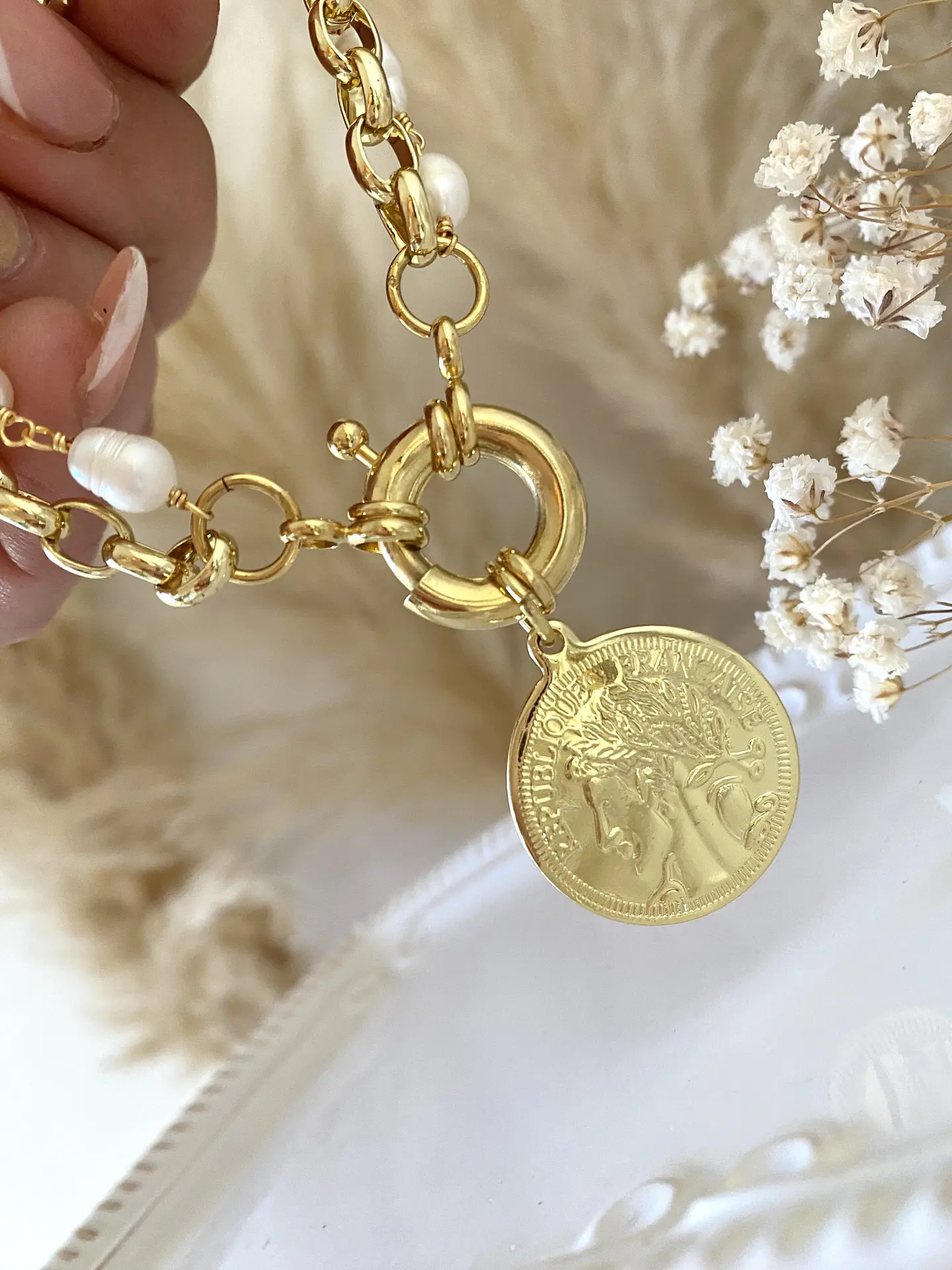 Brazalete Perlas y eslabones Moneda Francesa gold 2