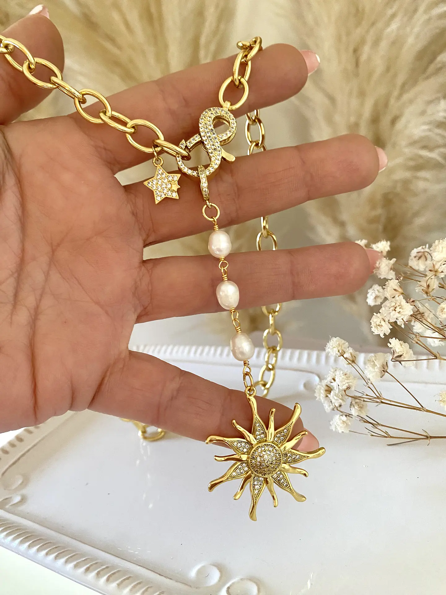 Collar Sol Perlas y eslabones enchapados gold 1