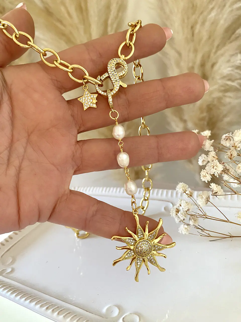 Collar Sol Perlas y eslabones enchapados gold 1