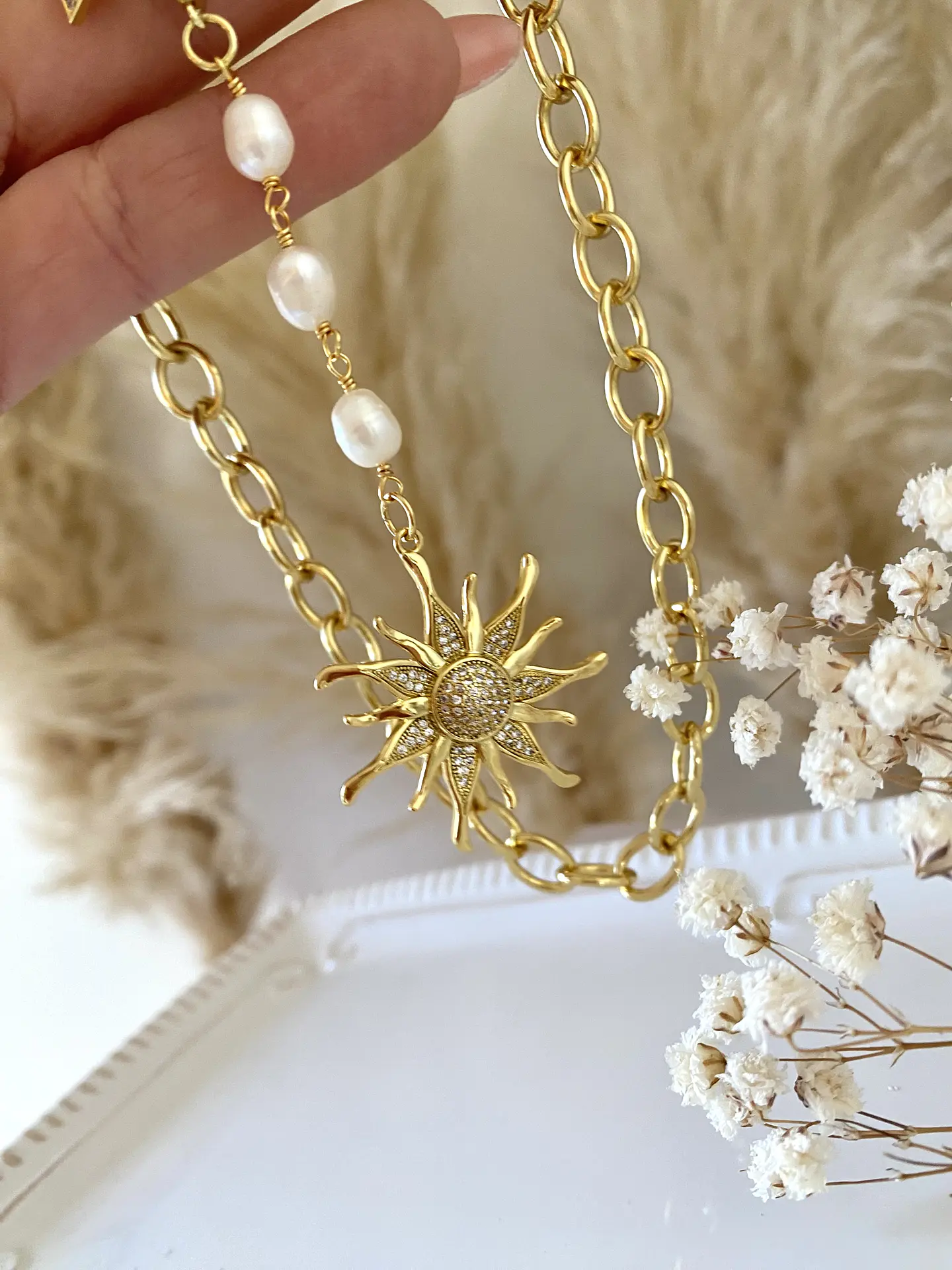Collar Sol Perlas y eslabones enchapados gold 3