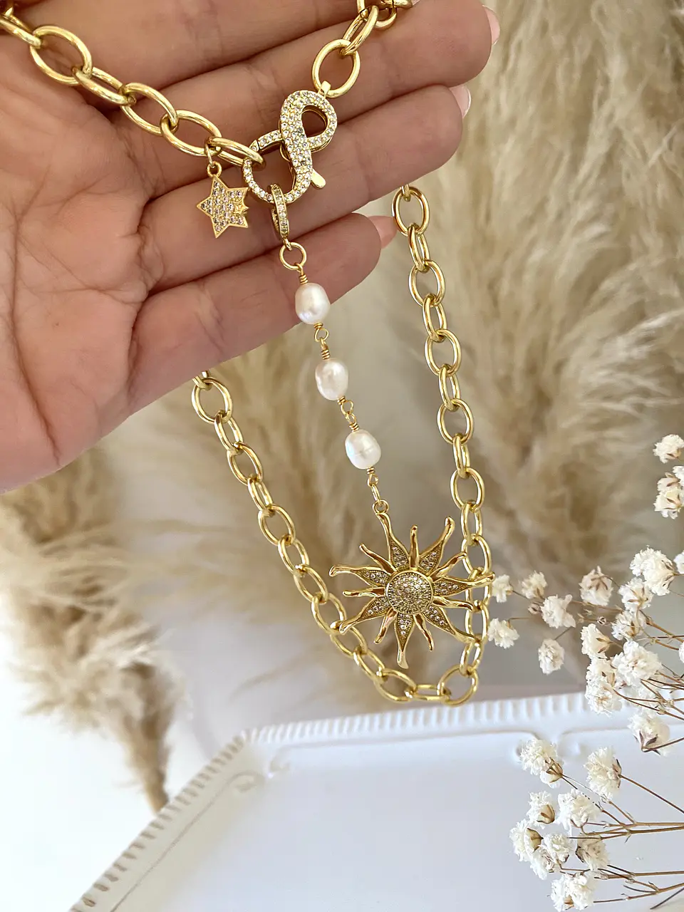 Collar Sol Perlas y eslabones enchapados gold 4