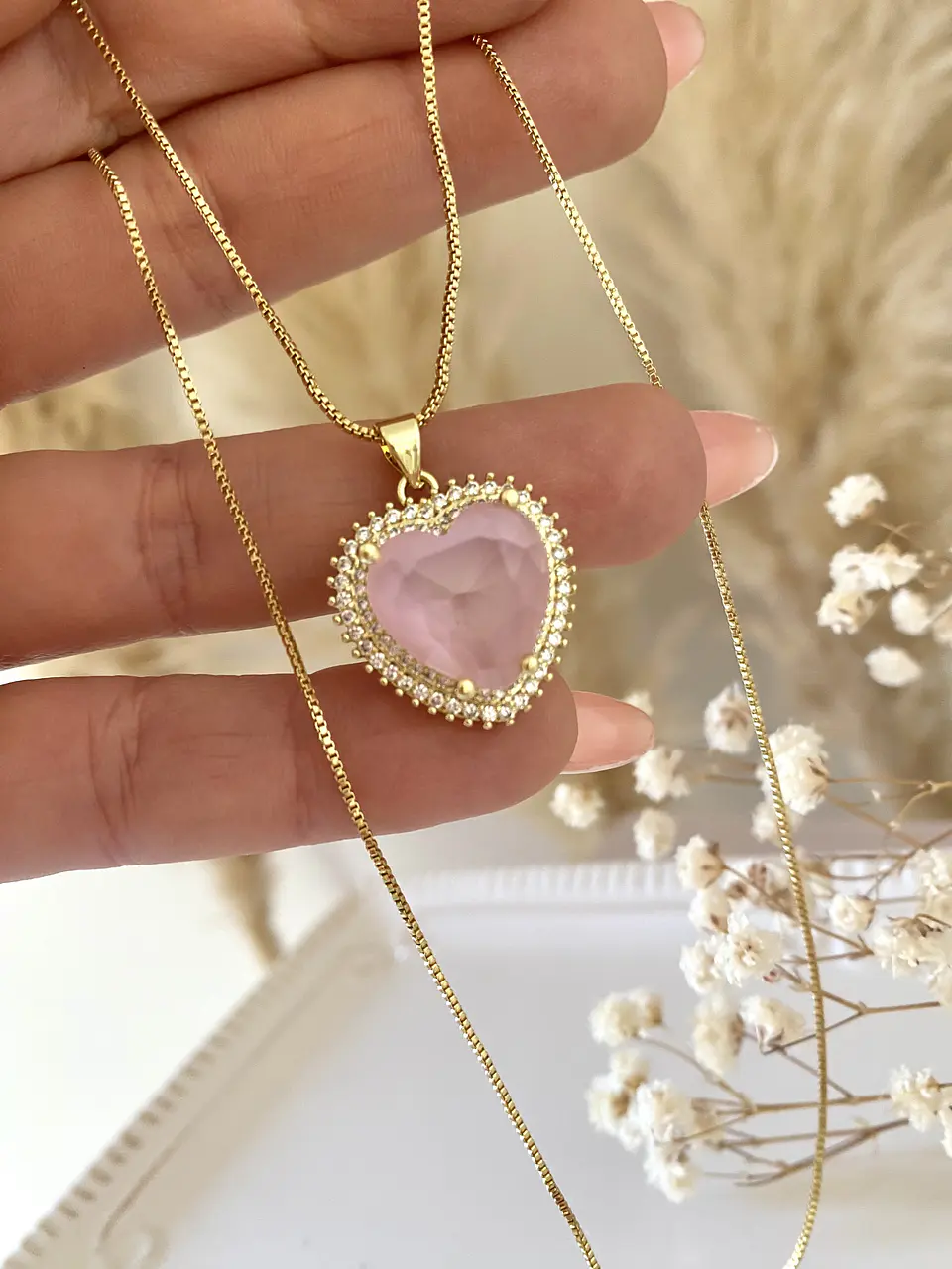 Collar Corazón  Rosa cadena ajustable  1