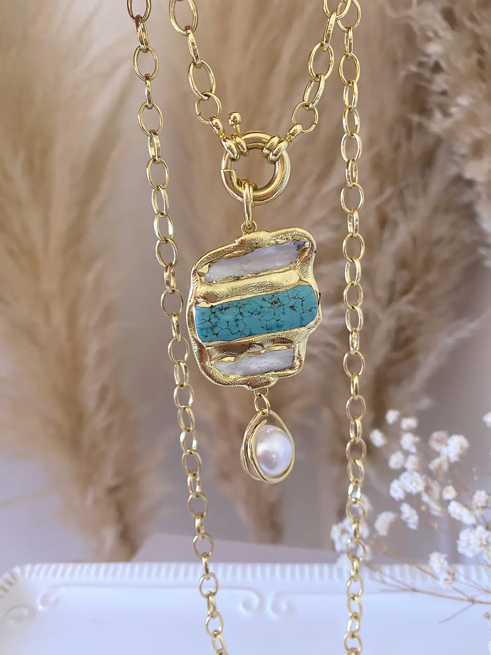 Collar Maxi dije Turquesa Nácar y Perla gold  3