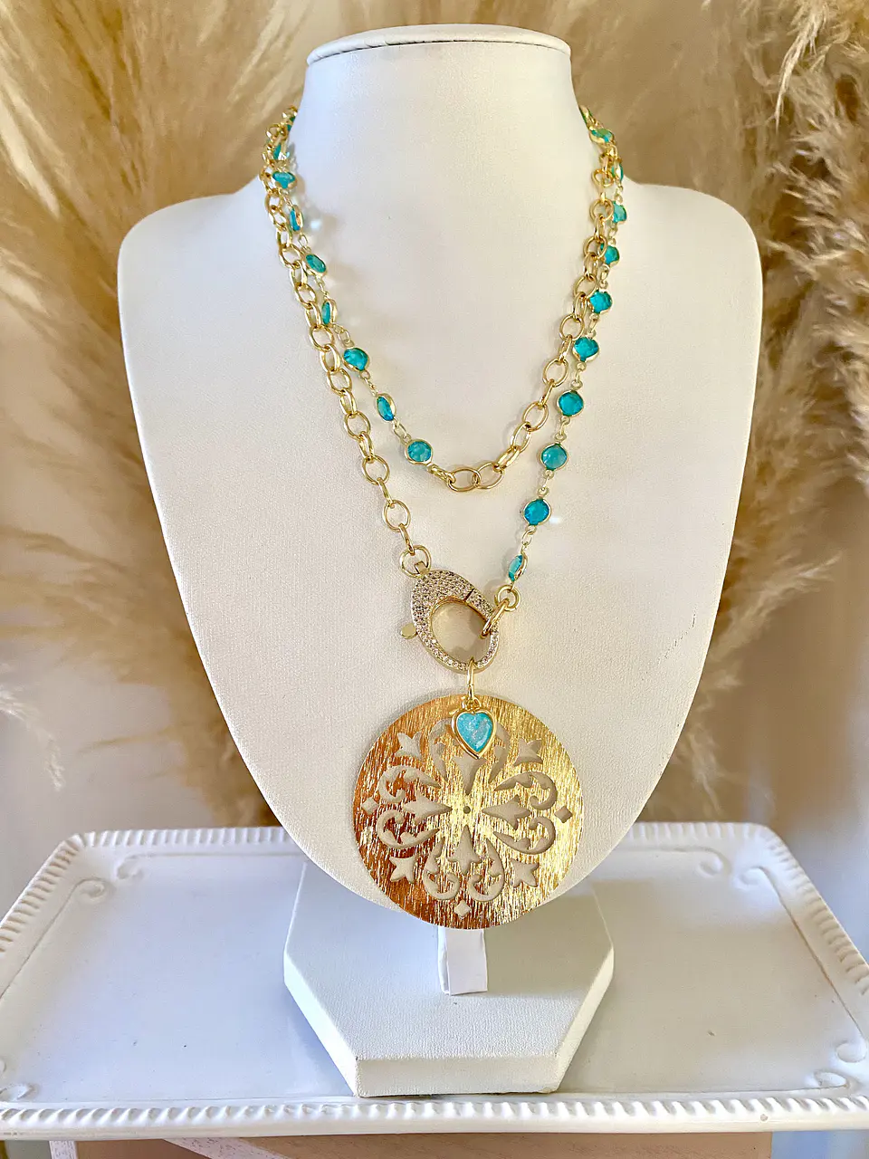Maxi collar Medallón y Cadena turquesa gold 1