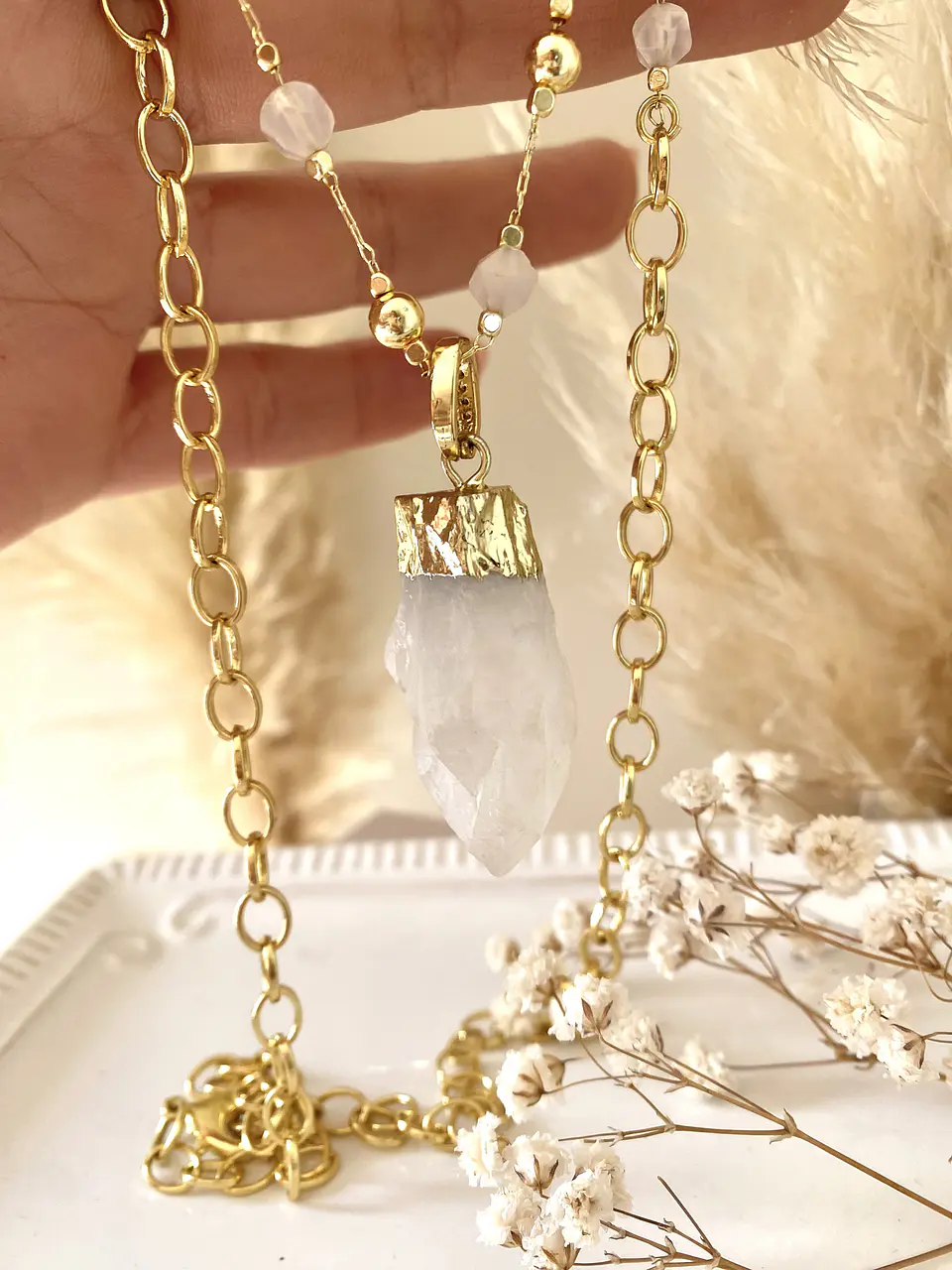 Collar Cuarzo Blanco cadena mixta cristales gold  1