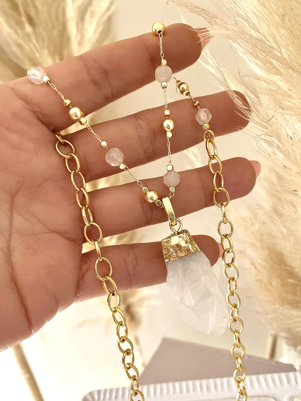 Collar Cuarzo Blanco cadena mixta cristales gold  2