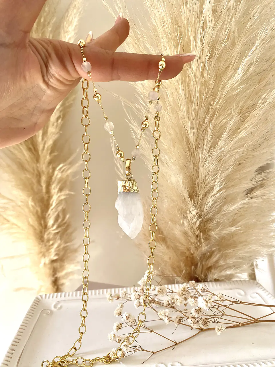 Collar Cuarzo Blanco cadena mixta cristales gold  3