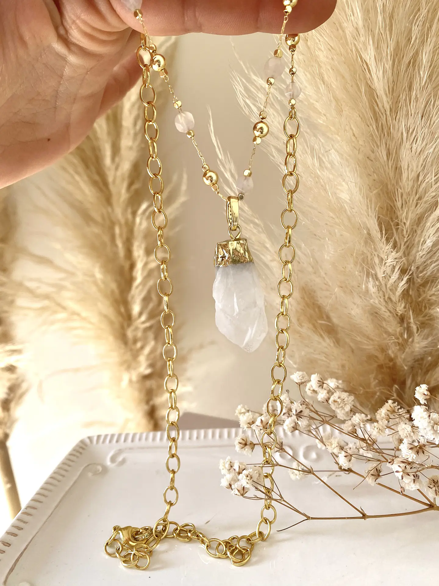 Collar Cuarzo Blanco cadena mixta cristales gold  4