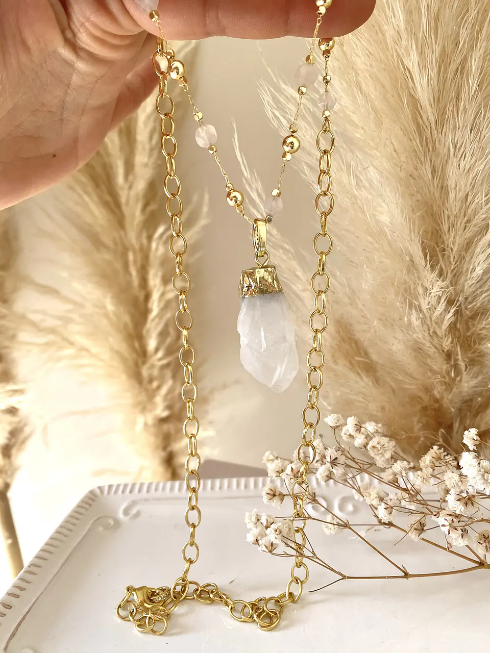 Collar Cuarzo Blanco cadena mixta cristales gold  4