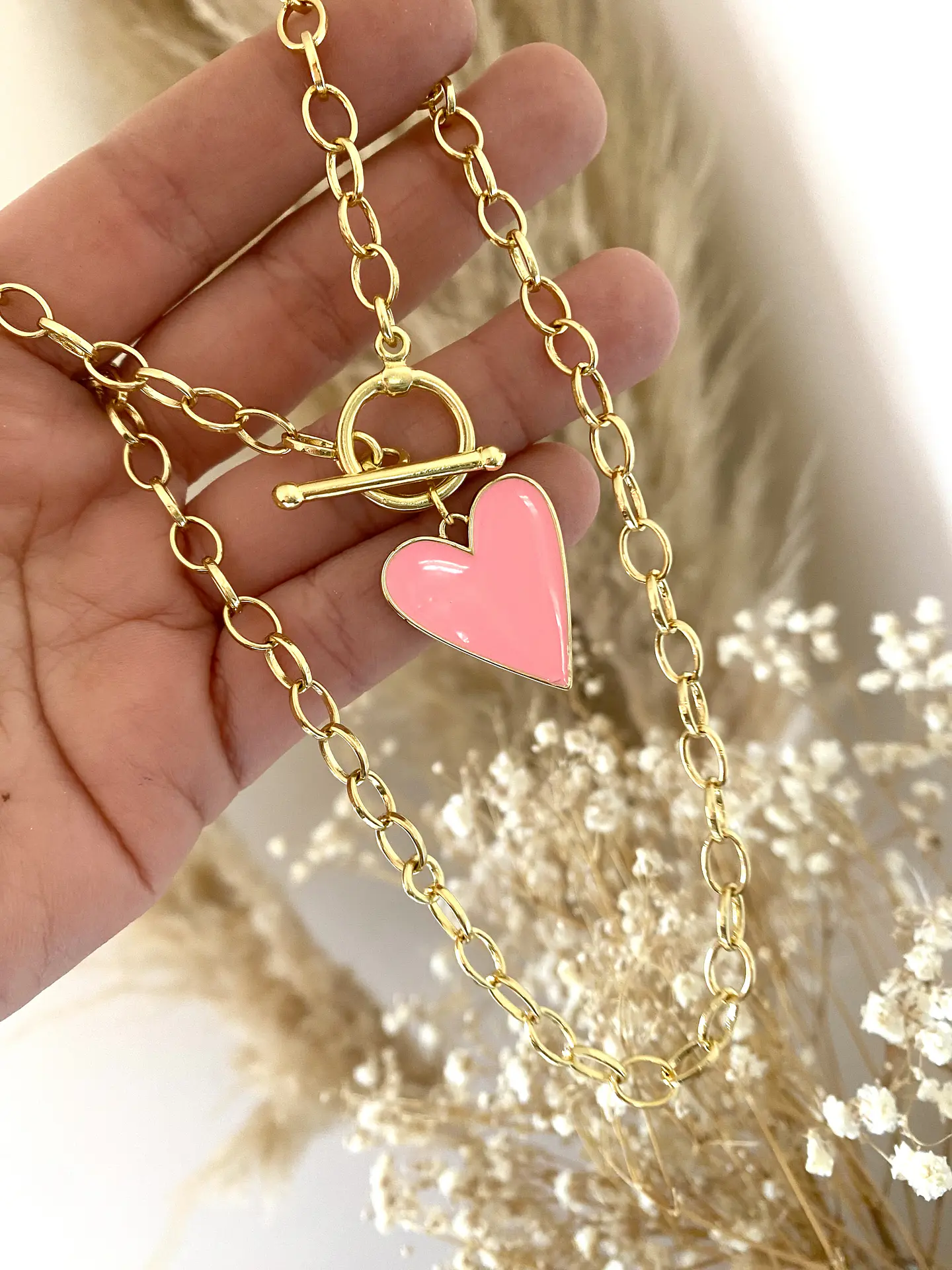 Collar Corazón Rosa Broche Palanca Gold 2