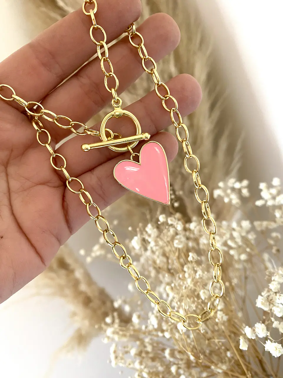 Collar Corazón Rosa Broche Palanca Gold 2