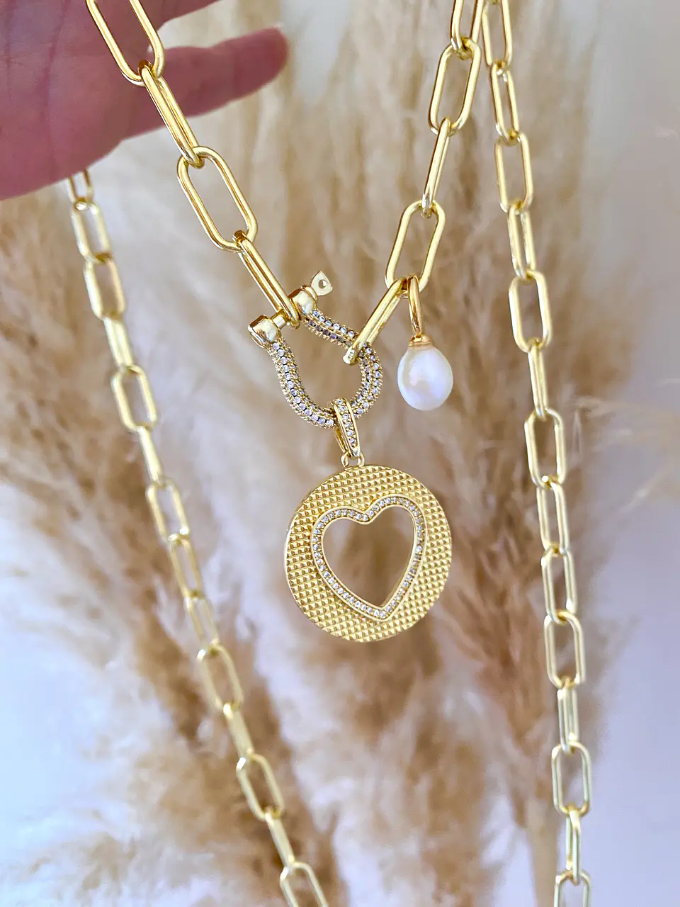Collar Maxi  Eslabones Medalla Corazón Perla  1