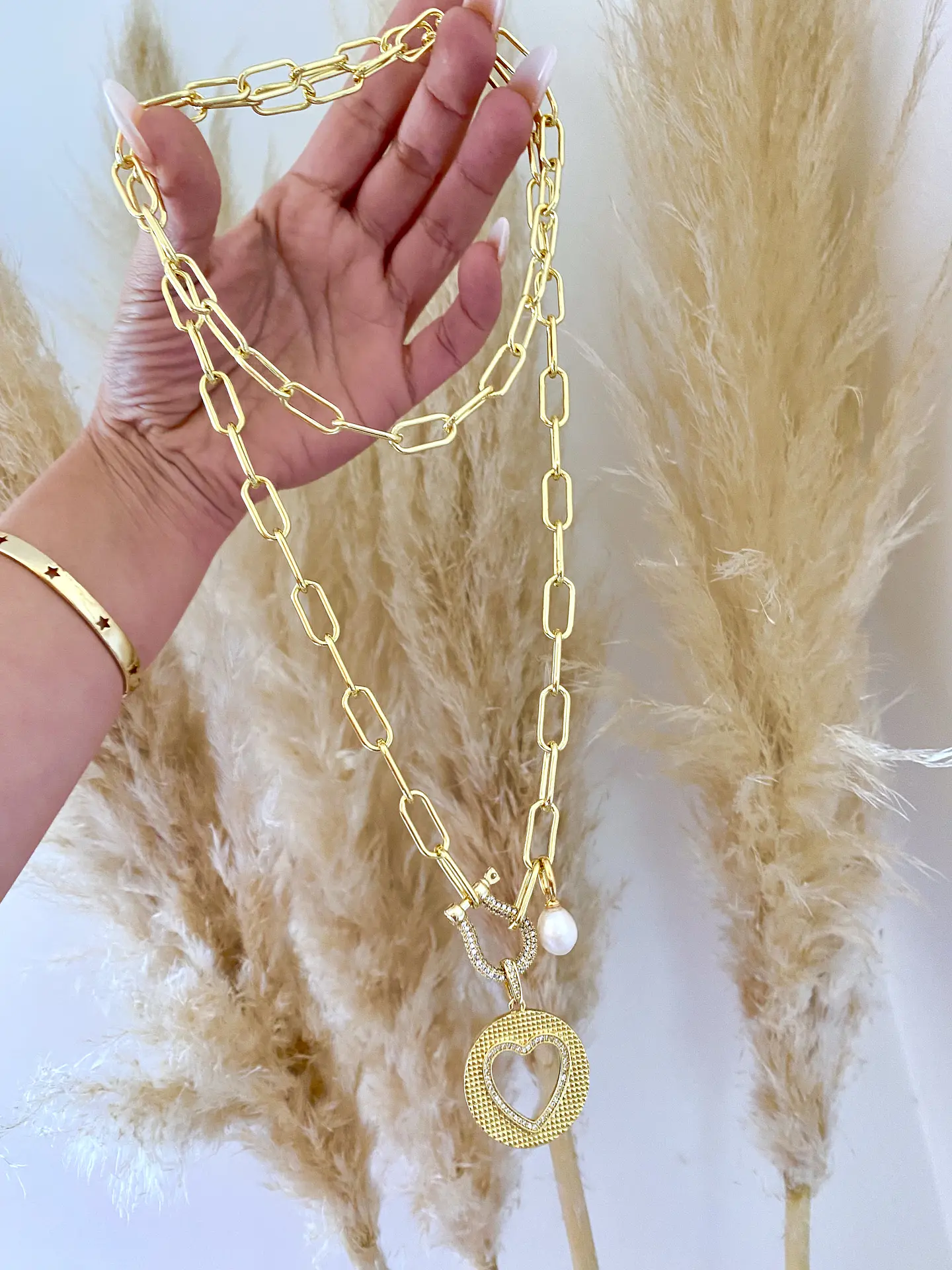 Collar Maxi  Eslabones Medalla Corazón Perla  4