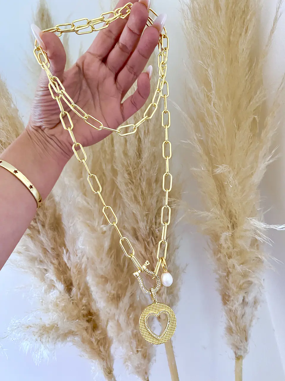 Collar Maxi  Eslabones Medalla Corazón Perla  4