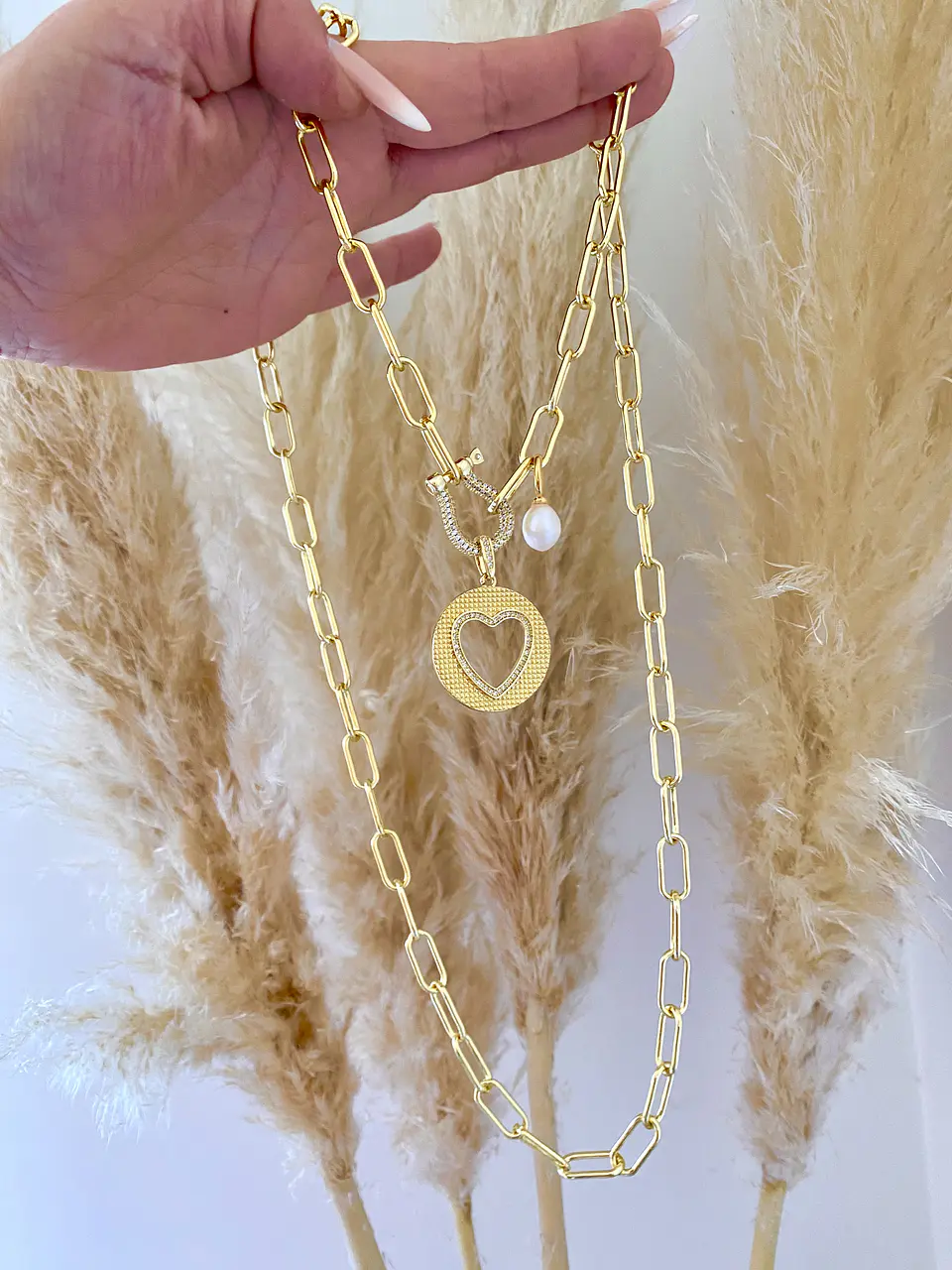 Collar Maxi  Eslabones Medalla Corazón Perla  5