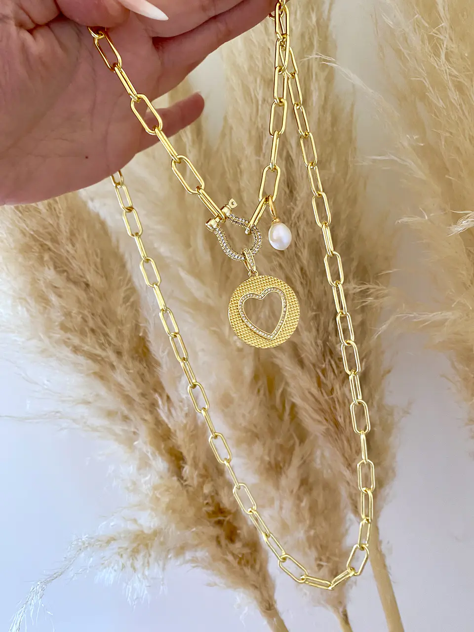 Collar Maxi  Eslabones Medalla Corazón Perla  6