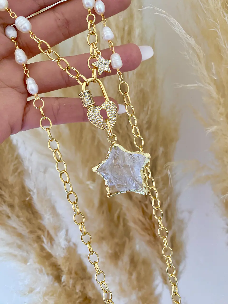 Collar XL Estrella Cuarzo Candado Circones  y Perlas  2