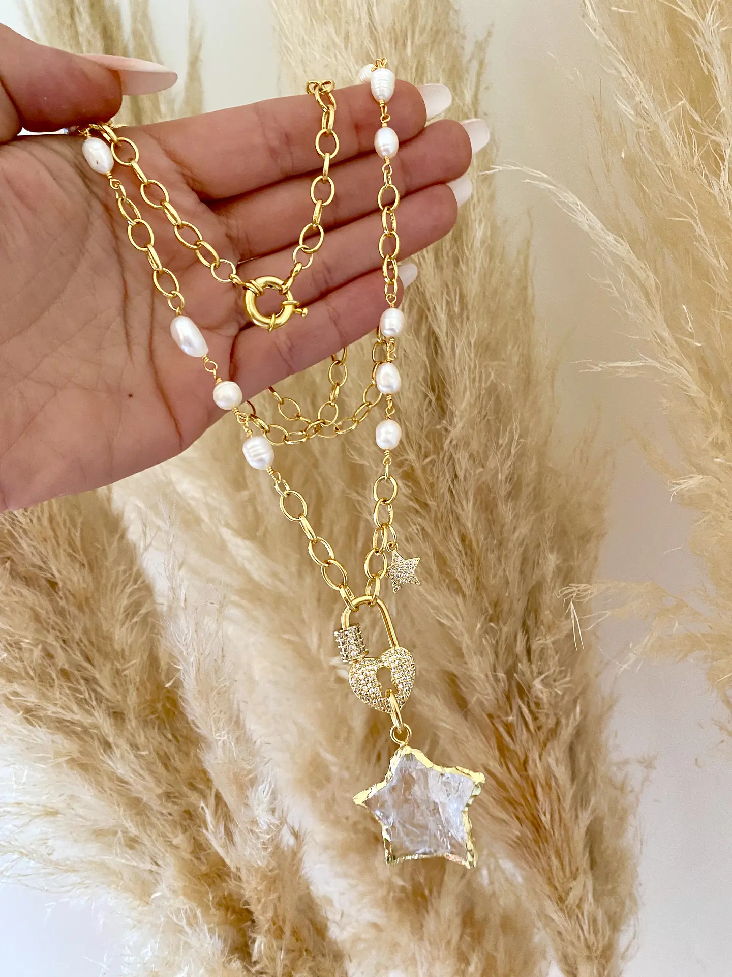 Collar XL Estrella Cuarzo Candado Circones  y Perlas  3