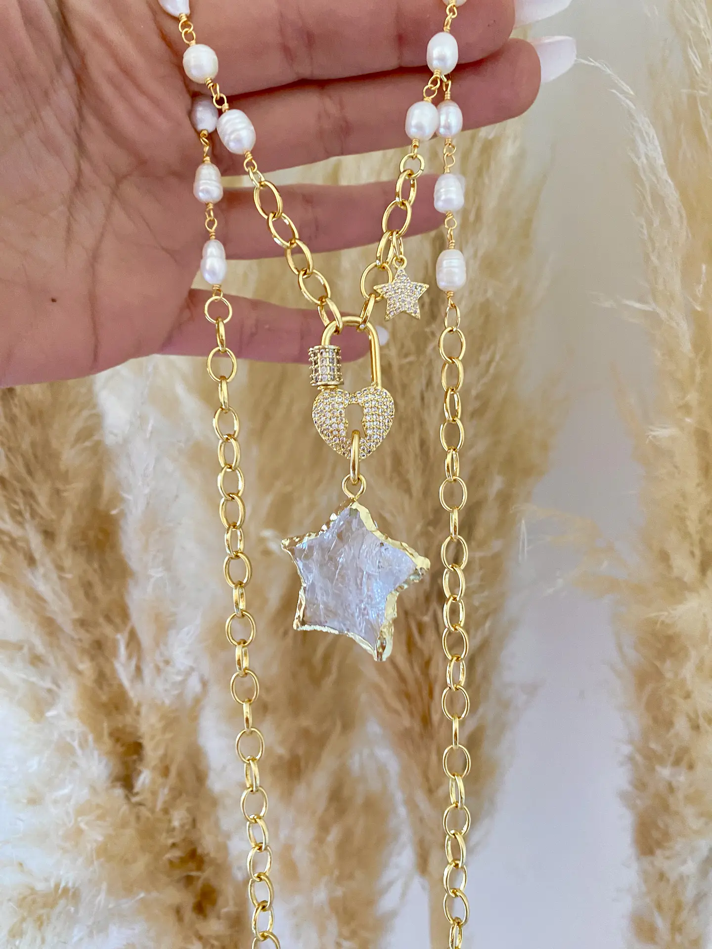 Collar XL Estrella Cuarzo Candado Circones  y Perlas  4