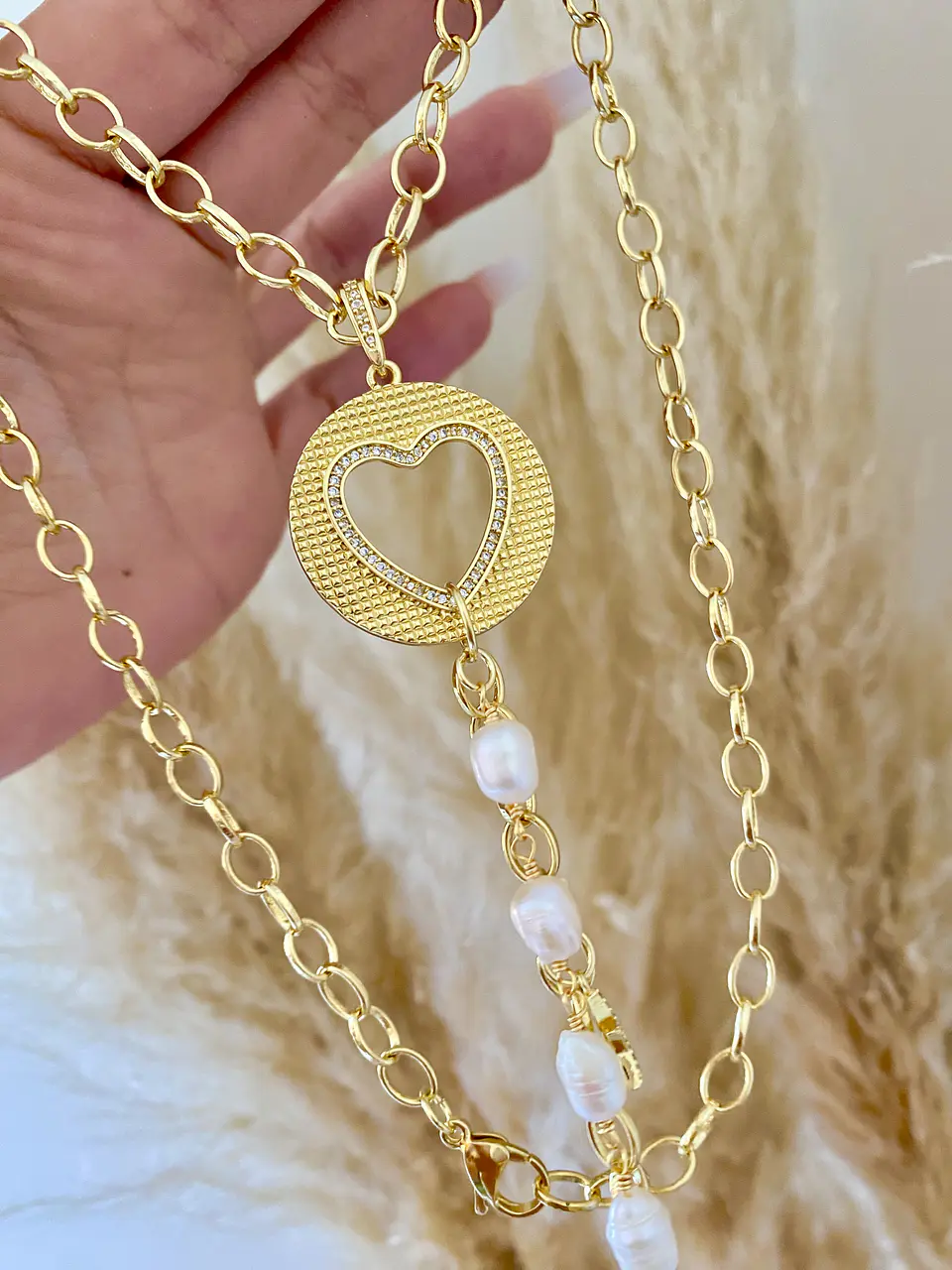 Collar XL Medallón Corazón Cascada y Perlas  1